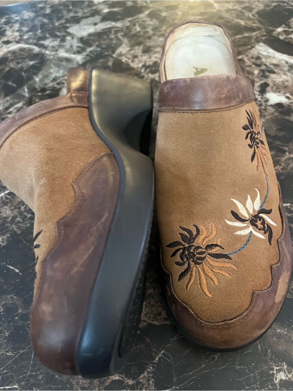 Alegria Brown Suede Slip-On Loafers with Floral Embroidery